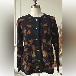 Vintage Crystal Kobe‎ Brown Fruit Fall Leaves Cardigan Sweater S
